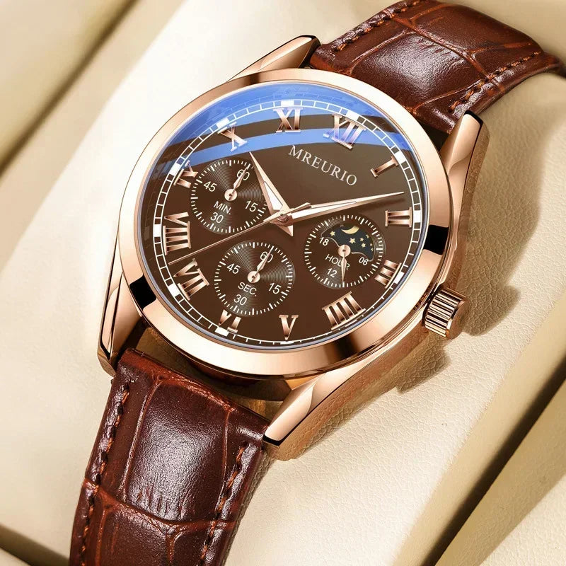 Luxury Men’s Quartz Watch Leather Strap Decorative Three-Eye Business Dress Wristwatch Reloj Hombre