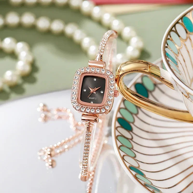 Elegant Adjustable Steel Quartz Women Wristwatch Luxury Fashion Diamond Crystal Watch Small Square Dial Women's Watches