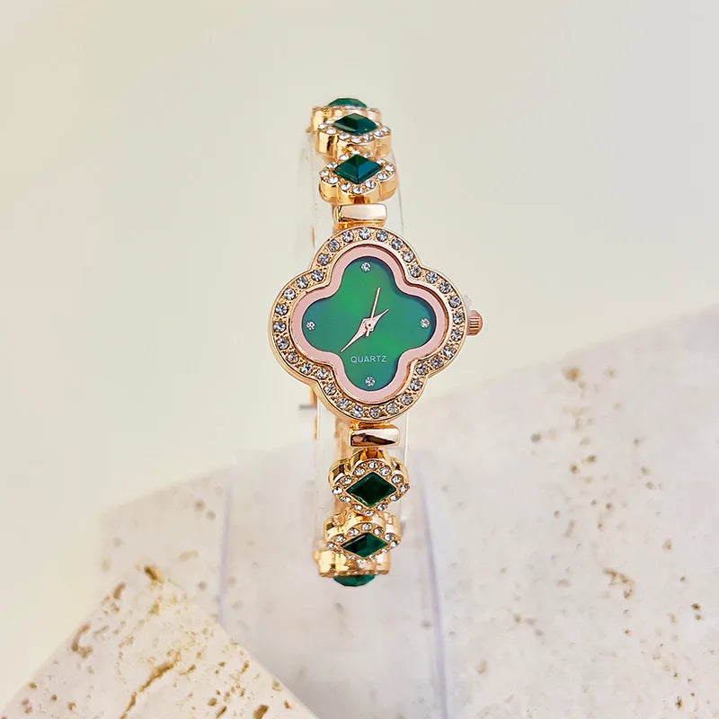 Ladies Classic Fashion Quartz Watch Four-leaf Clover Embedded Diamond Colorful Rhinestone Elegant Alloy Bracelet