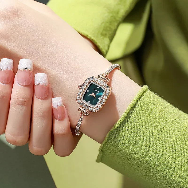 Elegant Adjustable Steel Quartz Women Wristwatch Luxury Fashion Diamond Crystal Watch Small Square Dial Women's Watches
