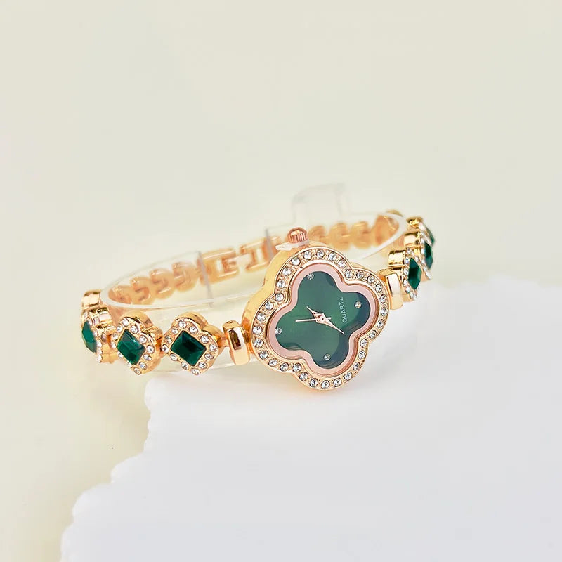 Ladies Classic Fashion Quartz Watch Four-leaf Clover Embedded Diamond Colorful Rhinestone Elegant Alloy Bracelet