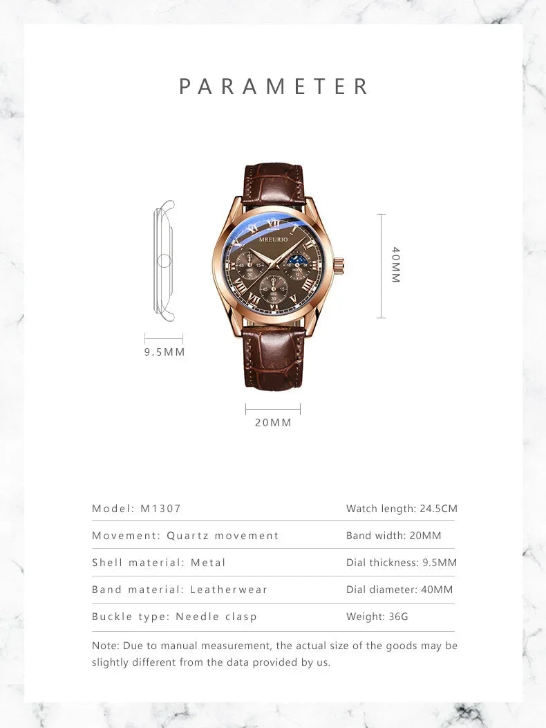 Luxury Men’s Quartz Watch Leather Strap Decorative Three-Eye Business Dress Wristwatch Reloj Hombre
