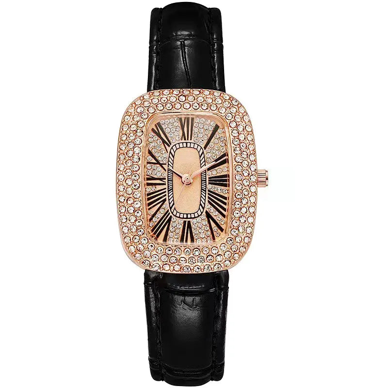 Trendy and fashionable women's leather strap watch with diamond inlay, water diamond wine barrel, women's quartz watch