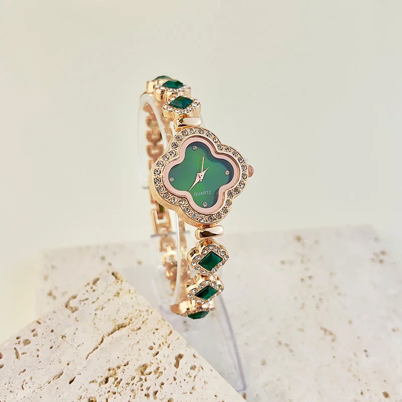 Ladies Classic Fashion Quartz Watch Four-leaf Clover Embedded Diamond Colorful Rhinestone Elegant Alloy Bracelet