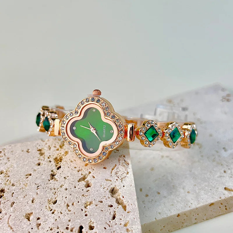 Ladies Classic Fashion Quartz Watch Four-leaf Clover Embedded Diamond Colorful Rhinestone Elegant Alloy Bracelet