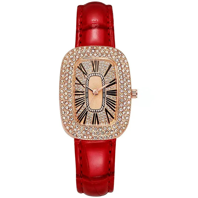 Trendy and fashionable women's leather strap watch with diamond inlay, water diamond wine barrel, women's quartz watch