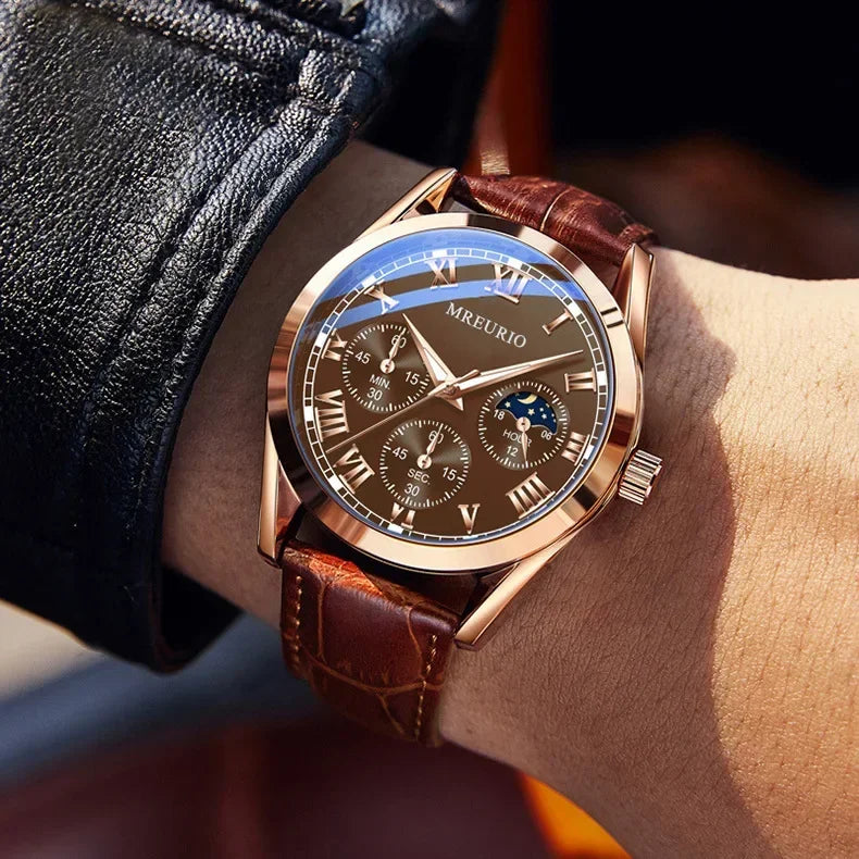 Luxury Men’s Quartz Watch Leather Strap Decorative Three-Eye Business Dress Wristwatch Reloj Hombre
