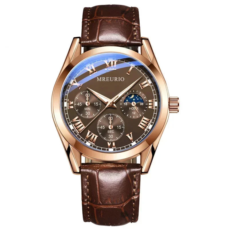 Luxury Men’s Quartz Watch Leather Strap Decorative Three-Eye Business Dress Wristwatch Reloj Hombre