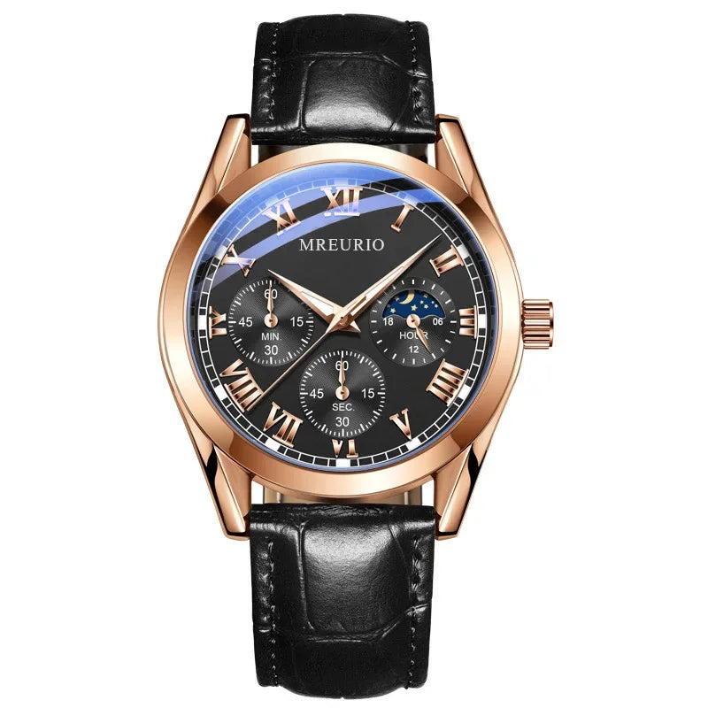 Luxury Men’s Quartz Watch Leather Strap Decorative Three-Eye Business Dress Wristwatch Reloj Hombre